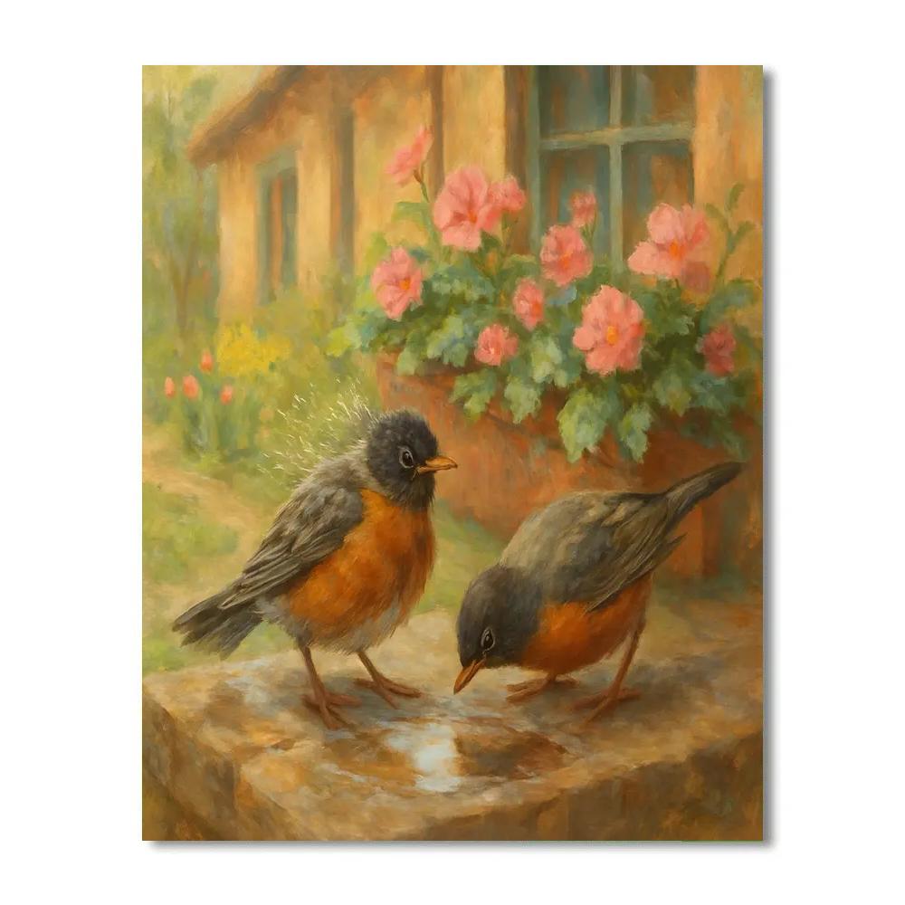 Spring Windowbox Robins After Rain paint by number