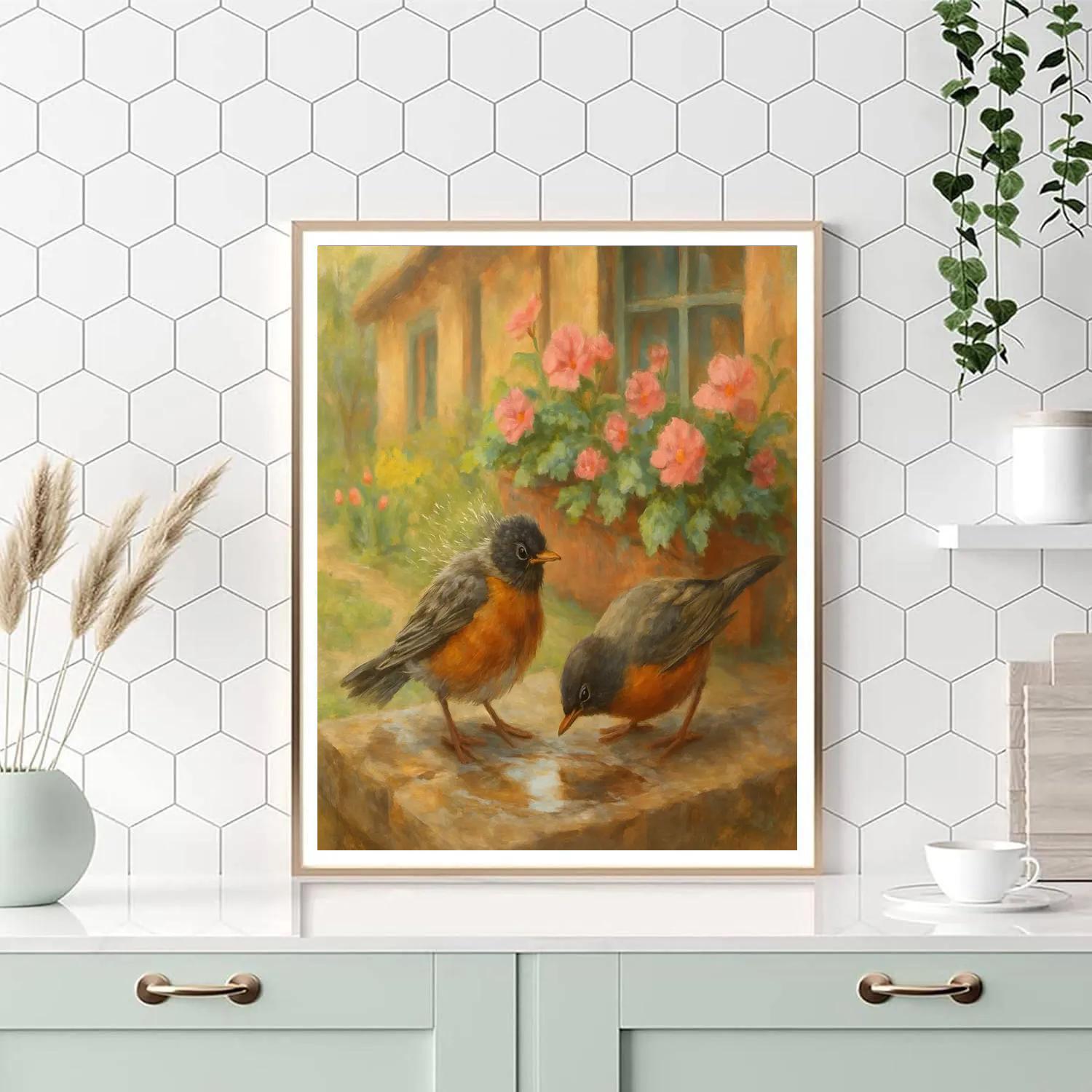 Spring Windowbox Robins After Rain paint by number