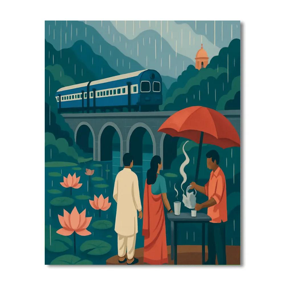 India Monsoon Lotus Train Poster Art paint by numbers