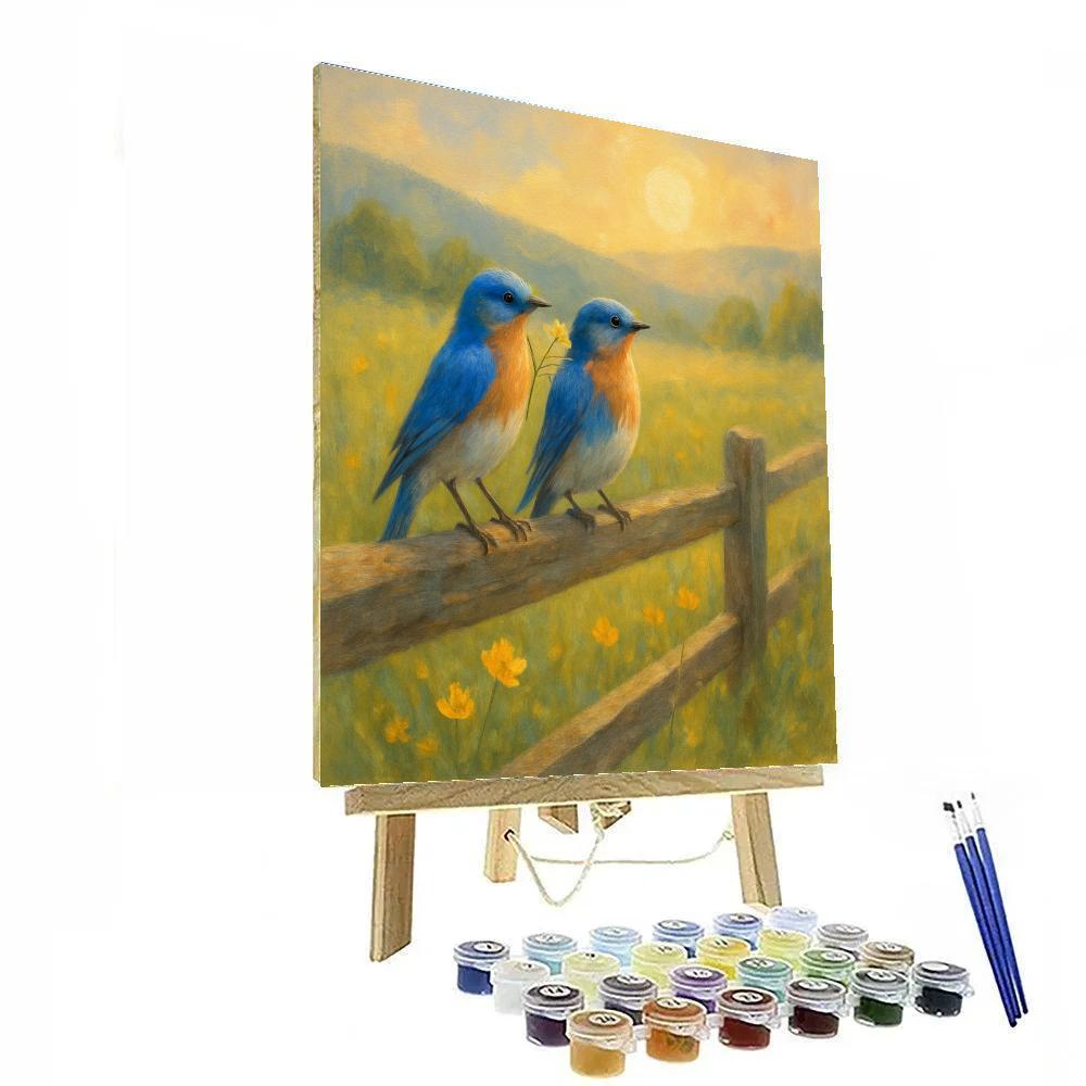 Bluebirds On The Sunlit Split Rail Fence painting number kit