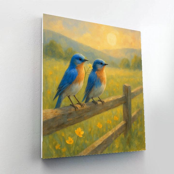 Bluebirds On The Sunlit Split Rail Fence painting number kit
