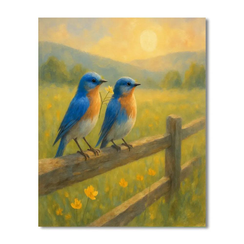 Bluebirds On The Sunlit Split Rail Fence painting number kit
