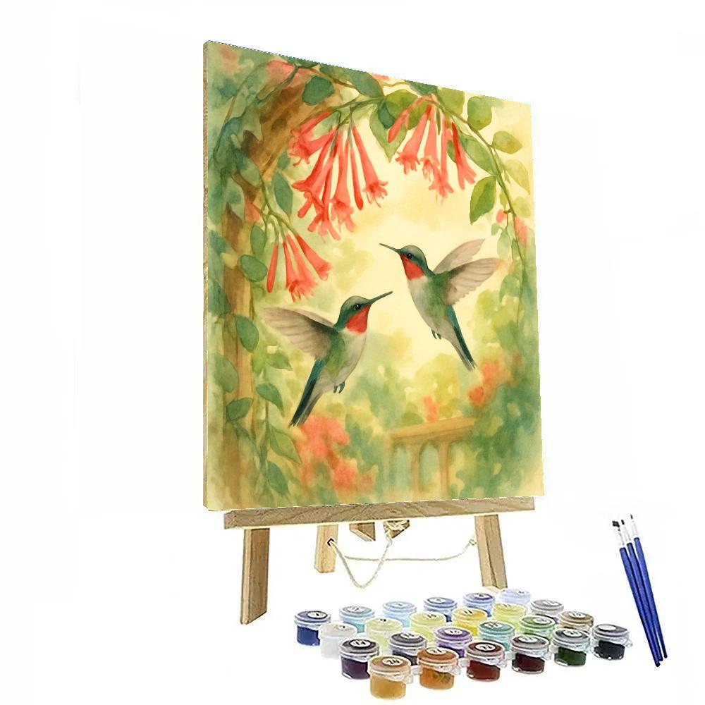 Hummingbirds At The Coral Honeysuckle Arch paint by color