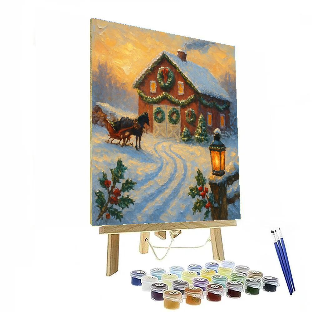 Golden Sunrise Over The Wreath Covered Barn paint by color