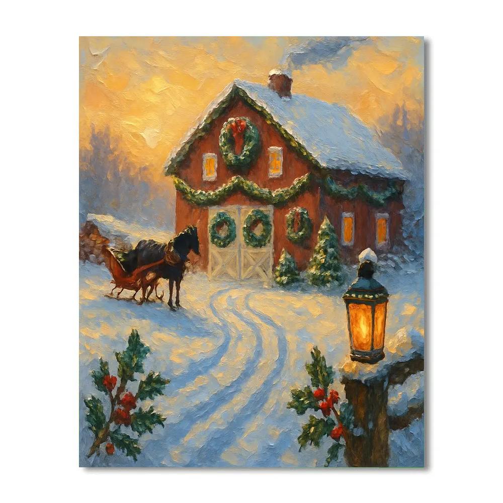 Golden Sunrise Over The Wreath Covered Barn paint by color