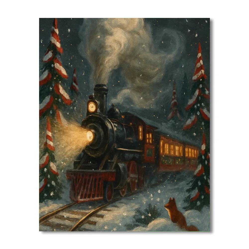 Polar Express Style Train Through Peppermint Pines paint by number