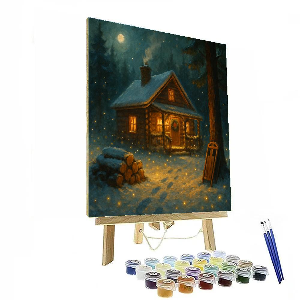 Evergreen Cabin With Fireflies In Winter Night Numbered painting kits