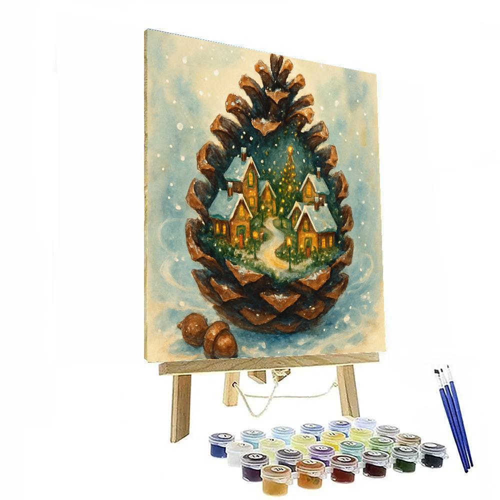 Snow Globe Village In A Giant Pine Cone paint by color