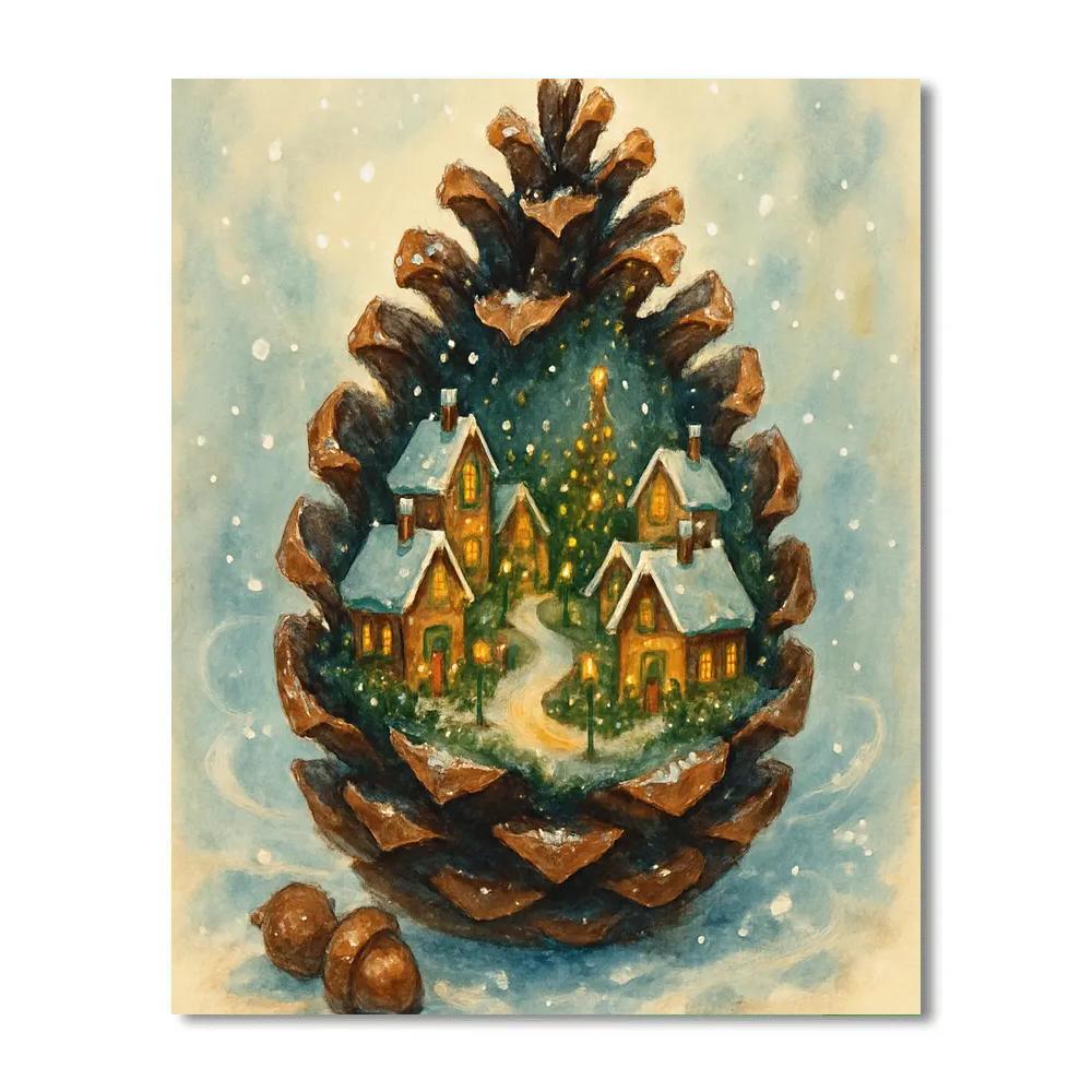 Snow Globe Village In A Giant Pine Cone paint by color