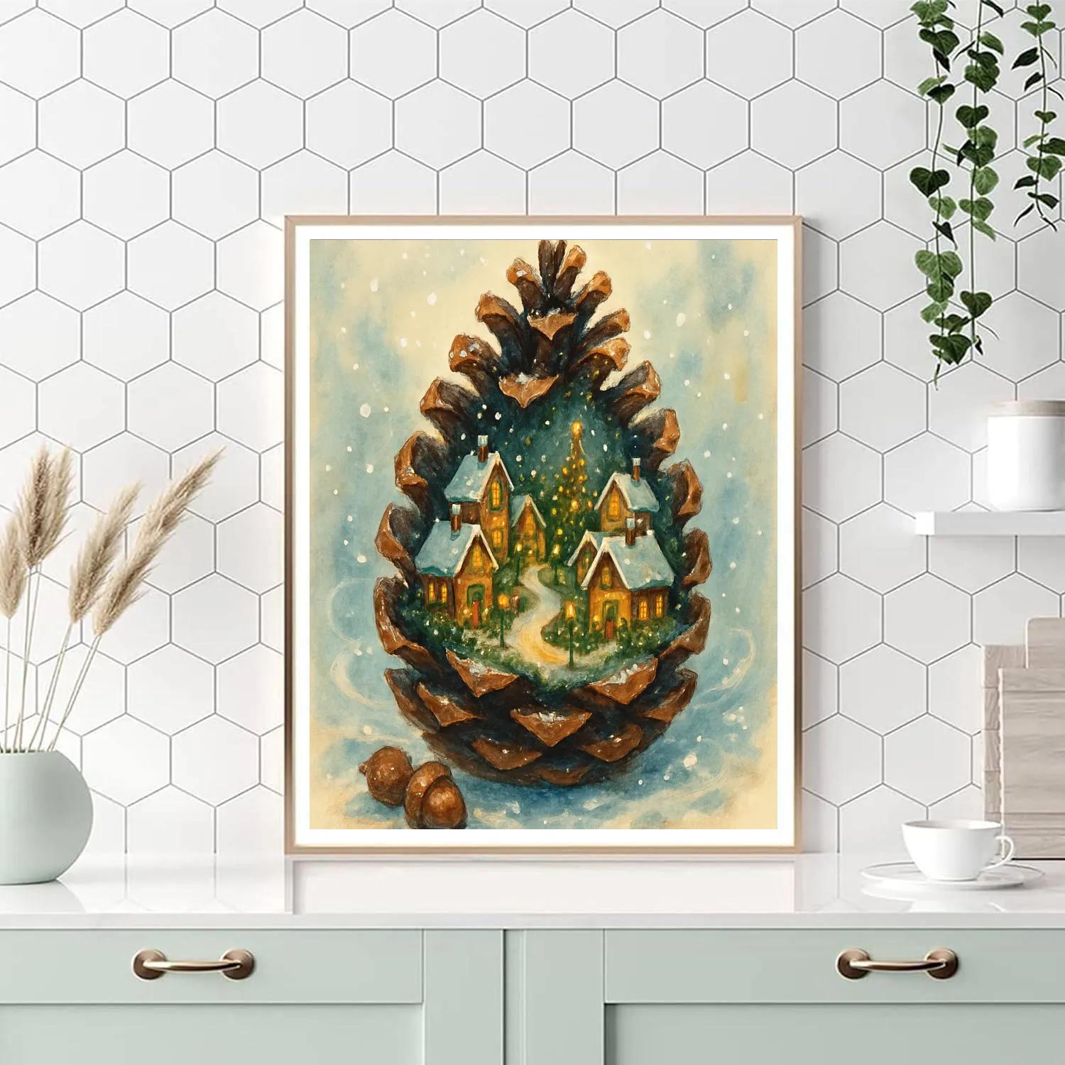 Snow Globe Village In A Giant Pine Cone paint by color