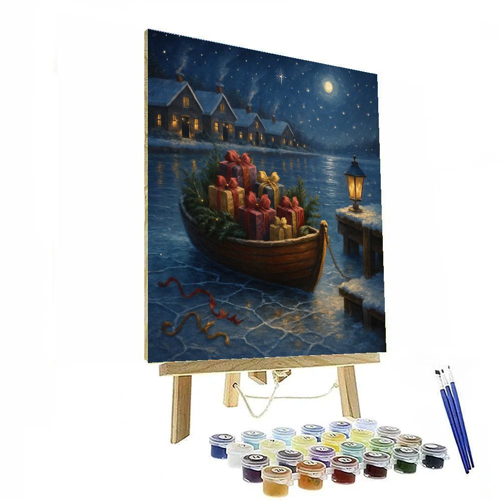 Moonlit Gift Boat On The Frozen Harbor paint by color