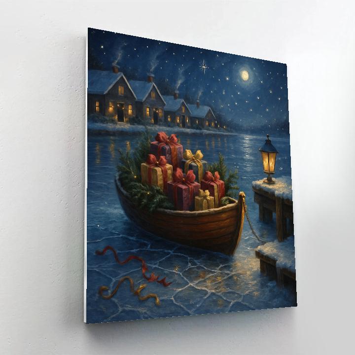 Moonlit Gift Boat On The Frozen Harbor paint by color