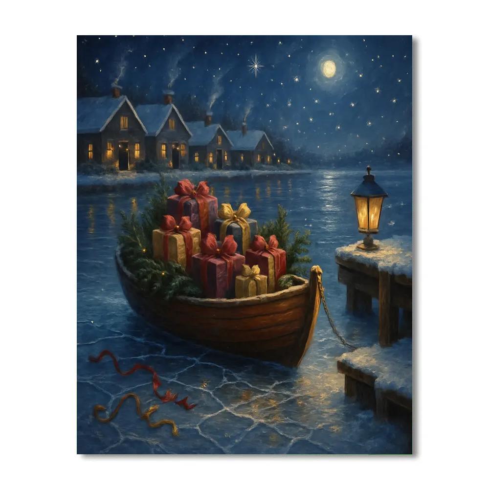 Moonlit Gift Boat On The Frozen Harbor paint by color