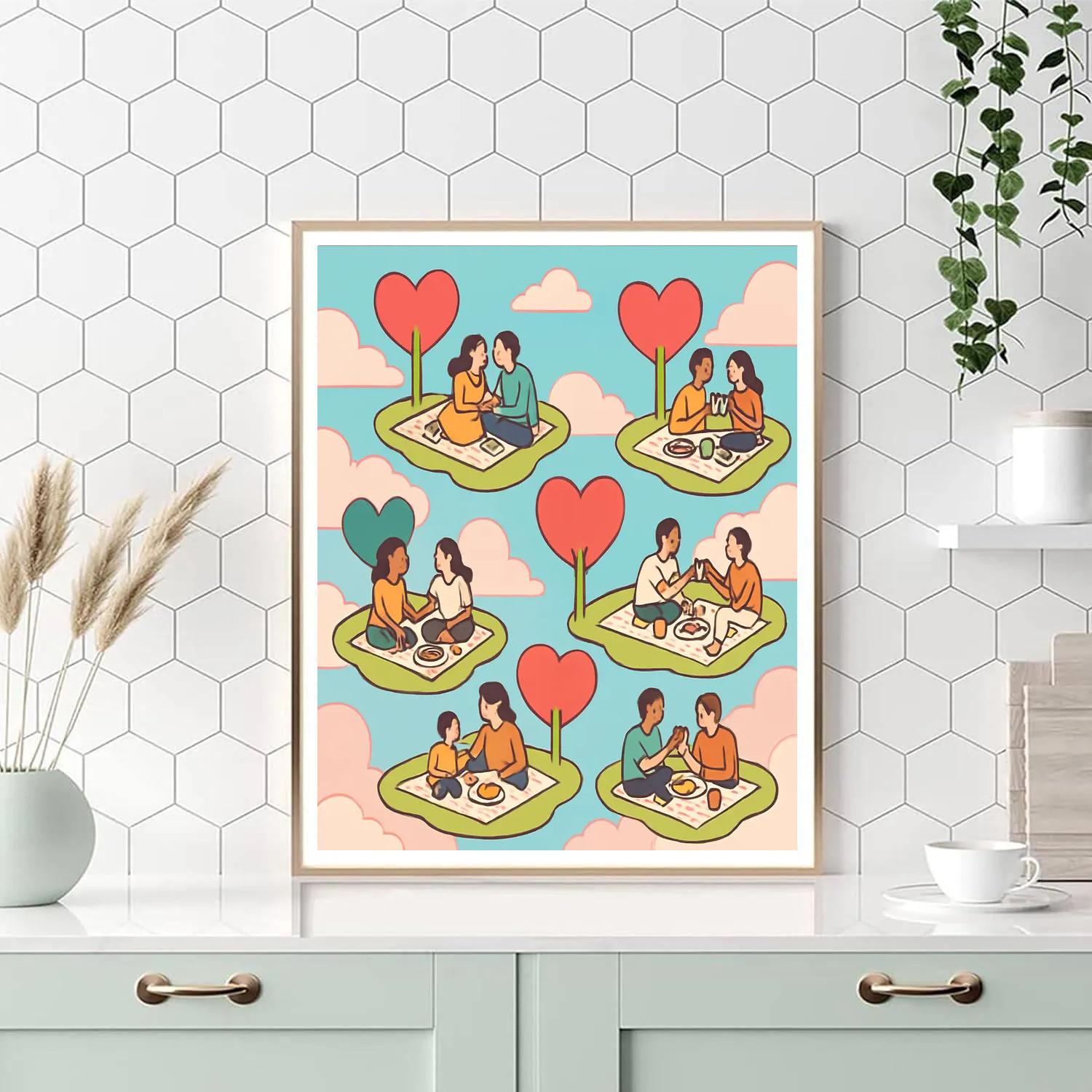 Floating Islands Valentines Day Picnic Clouds painting number kit