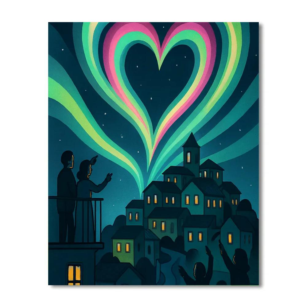 Valentines Day Aurora Over The Hilltop Town DIY paint by numbers