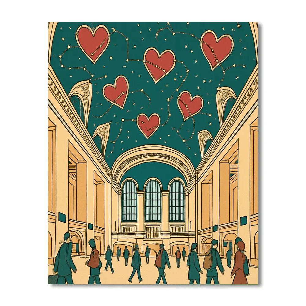 Train Station Valentines Day Star Map Hall paint by number