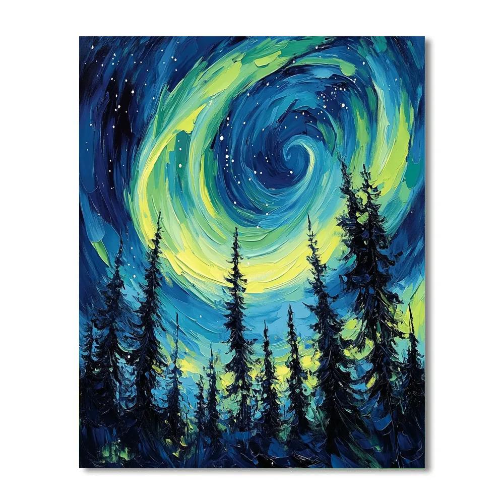 Van Gogh Inspired Aurora Over Pine Forest DIY paint by numbers