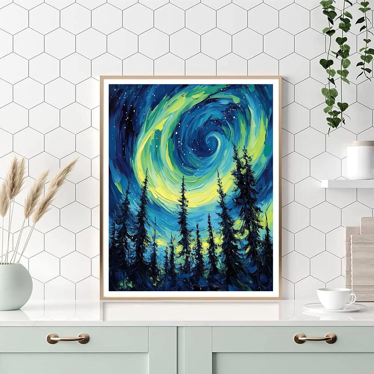 Van Gogh Inspired Aurora Over Pine Forest DIY paint by numbers