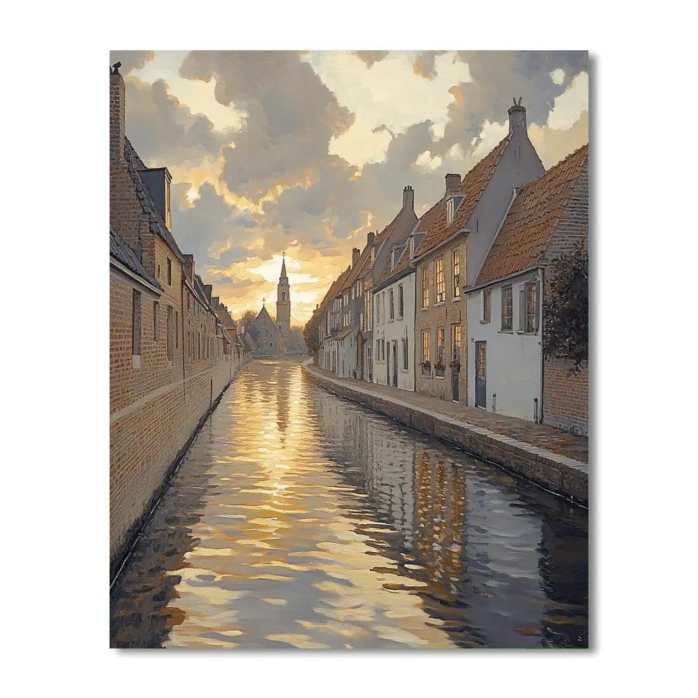 Johannes Vermeer Inspired Delft Canal Reflection Under Overcast Gold paint by number