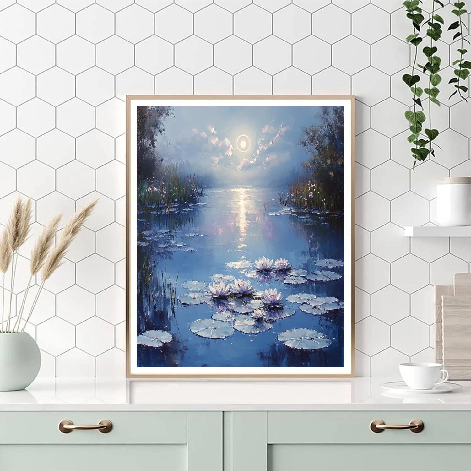 Claude Monet Inspired Lunar Halo Over Misty Waterlily Pond Paint by numbers art