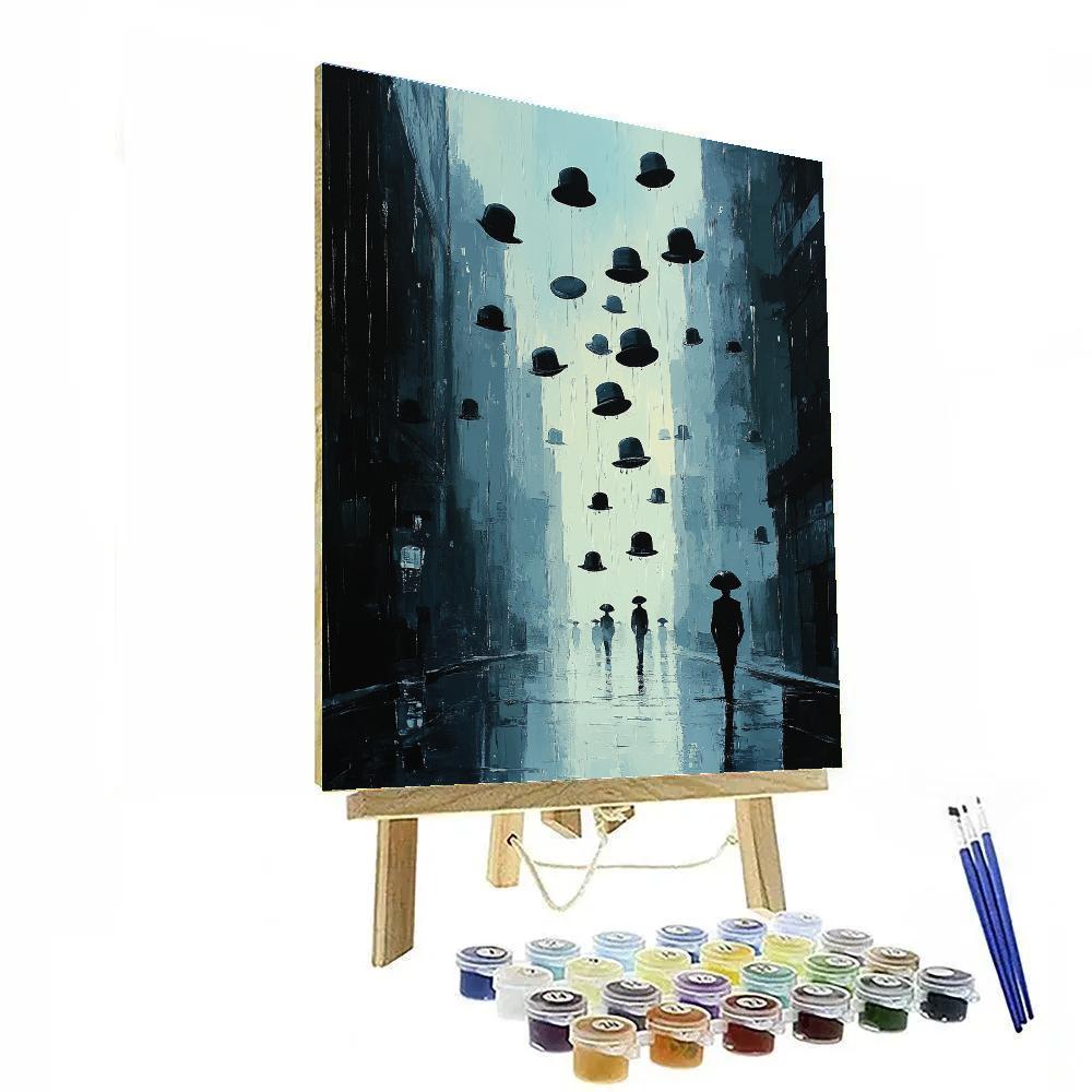 René Magritte Inspired Floating Bowler Hat Rainstorm painting number kit