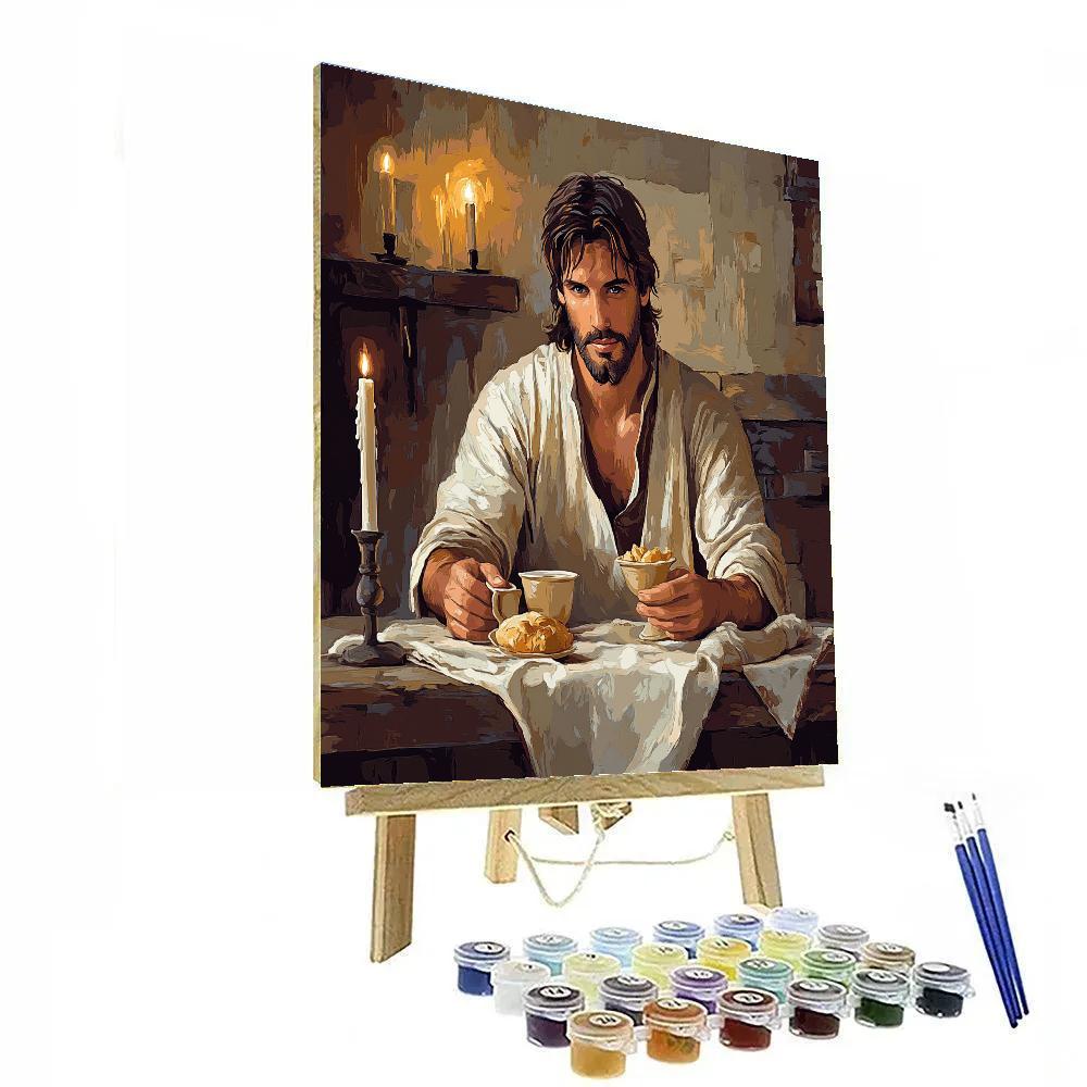 Bread And Cup With Jesus At Candlelit Table paint by numbers