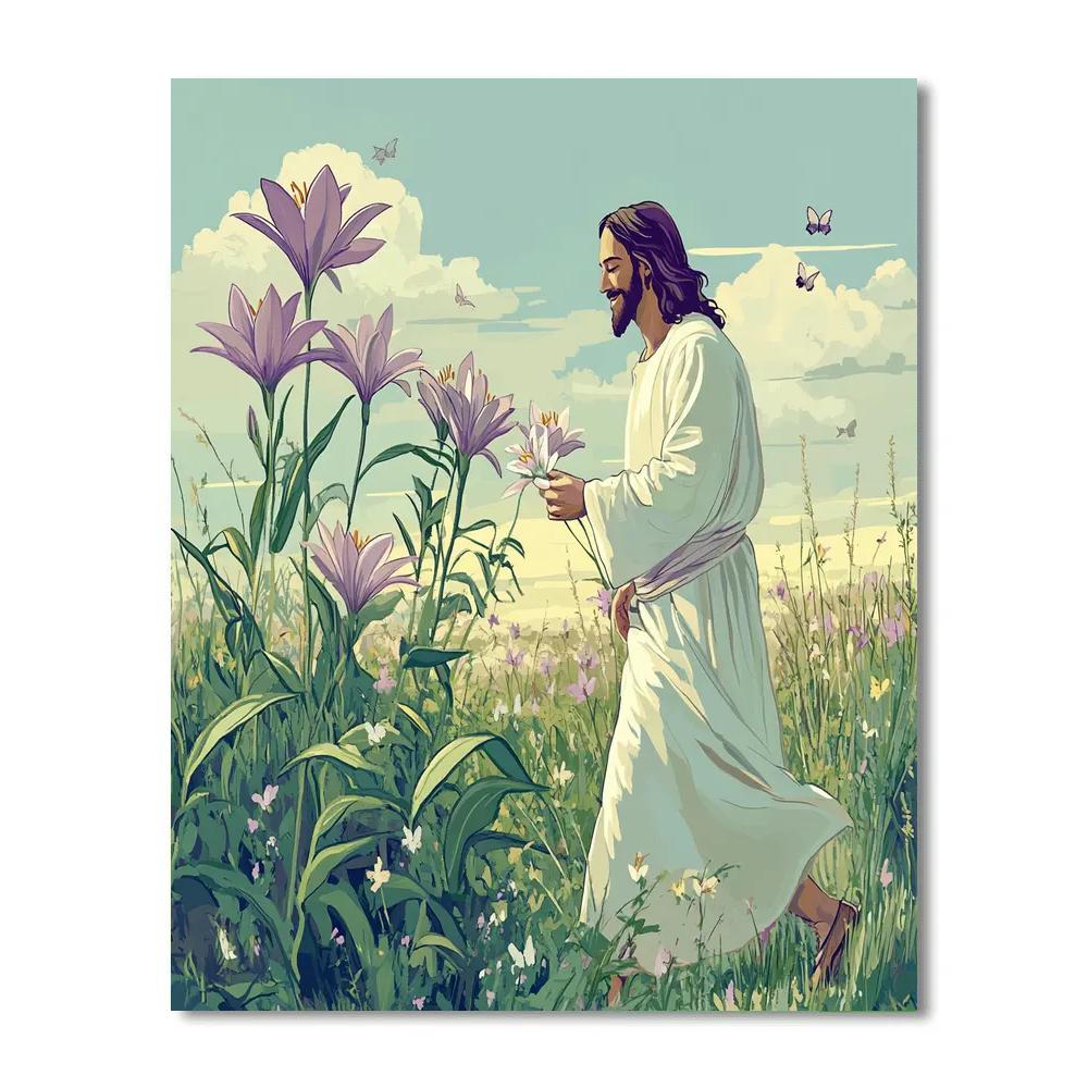 Jesus Among Lilies In Quiet Field paint by numbers