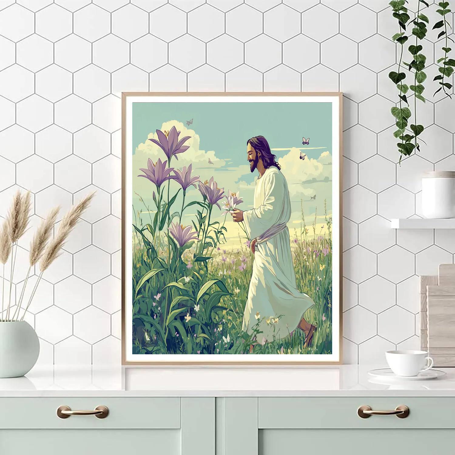 Jesus Among Lilies In Quiet Field paint by numbers