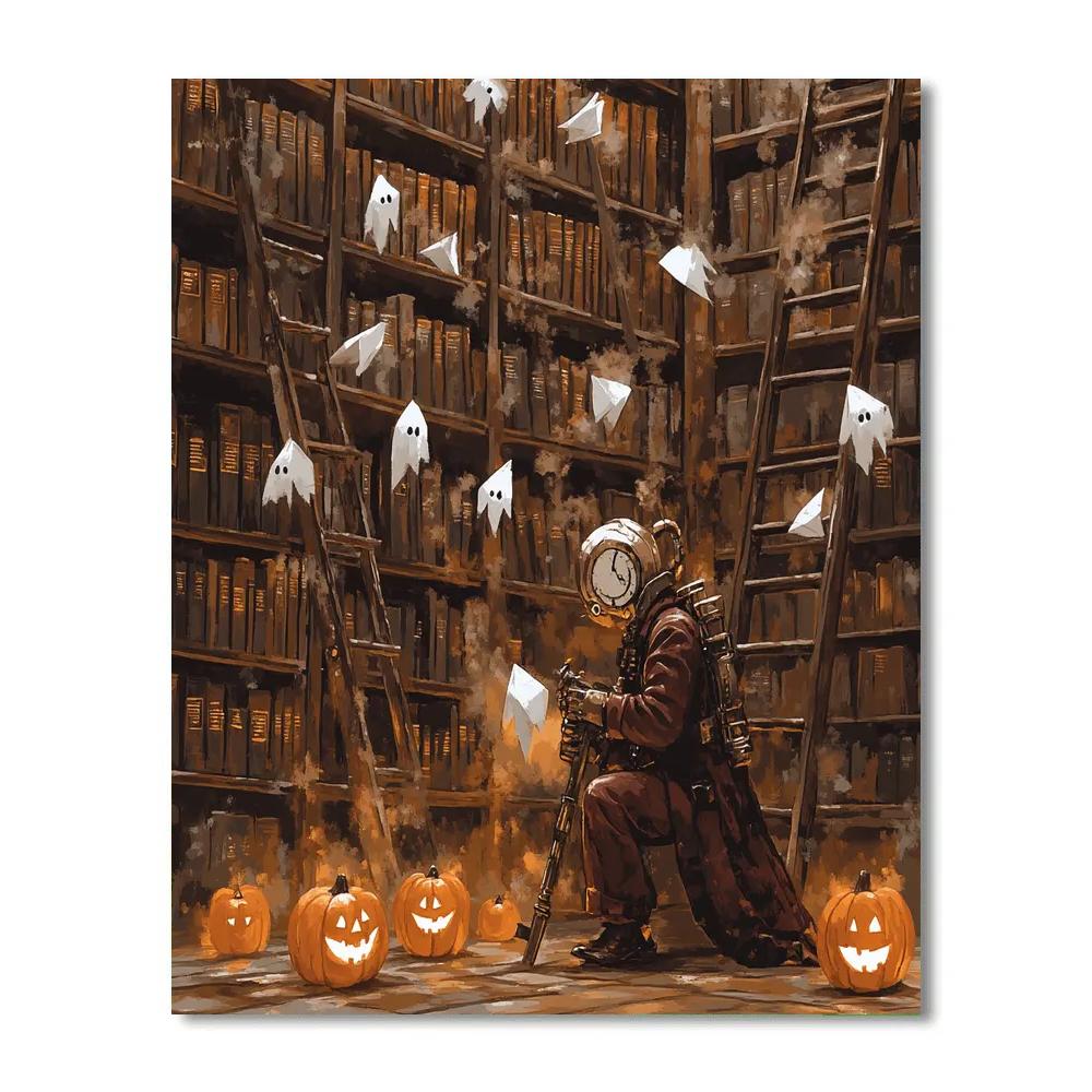 Clockwork Library With Spooky Paper Ghosts Painting by numbers kit