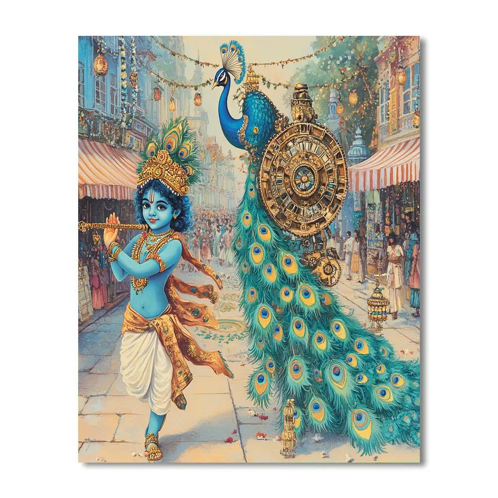 Krishna And The Clockwork Peacock Parade painting number kit