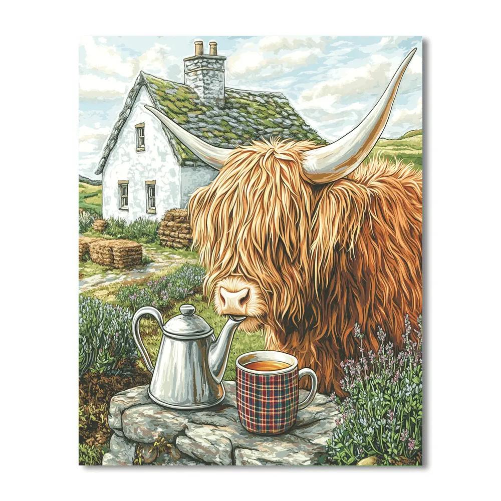 Crofthouse Tea Garden Highland Cow Paint by numbers art