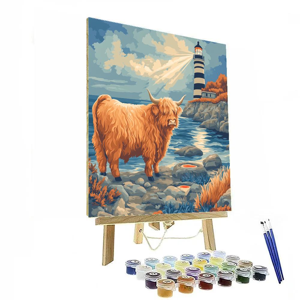 Highland Cow With Lighthouse Mist paint by number