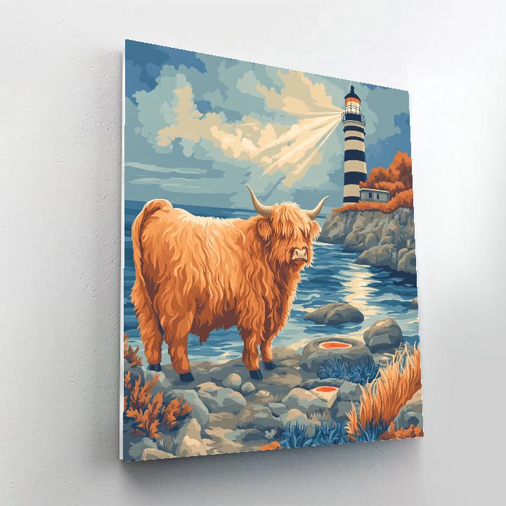 Highland Cow With Lighthouse Mist paint by number