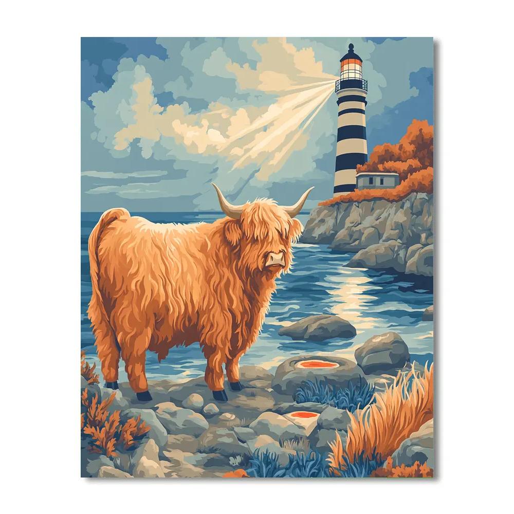 Highland Cow With Lighthouse Mist paint by number