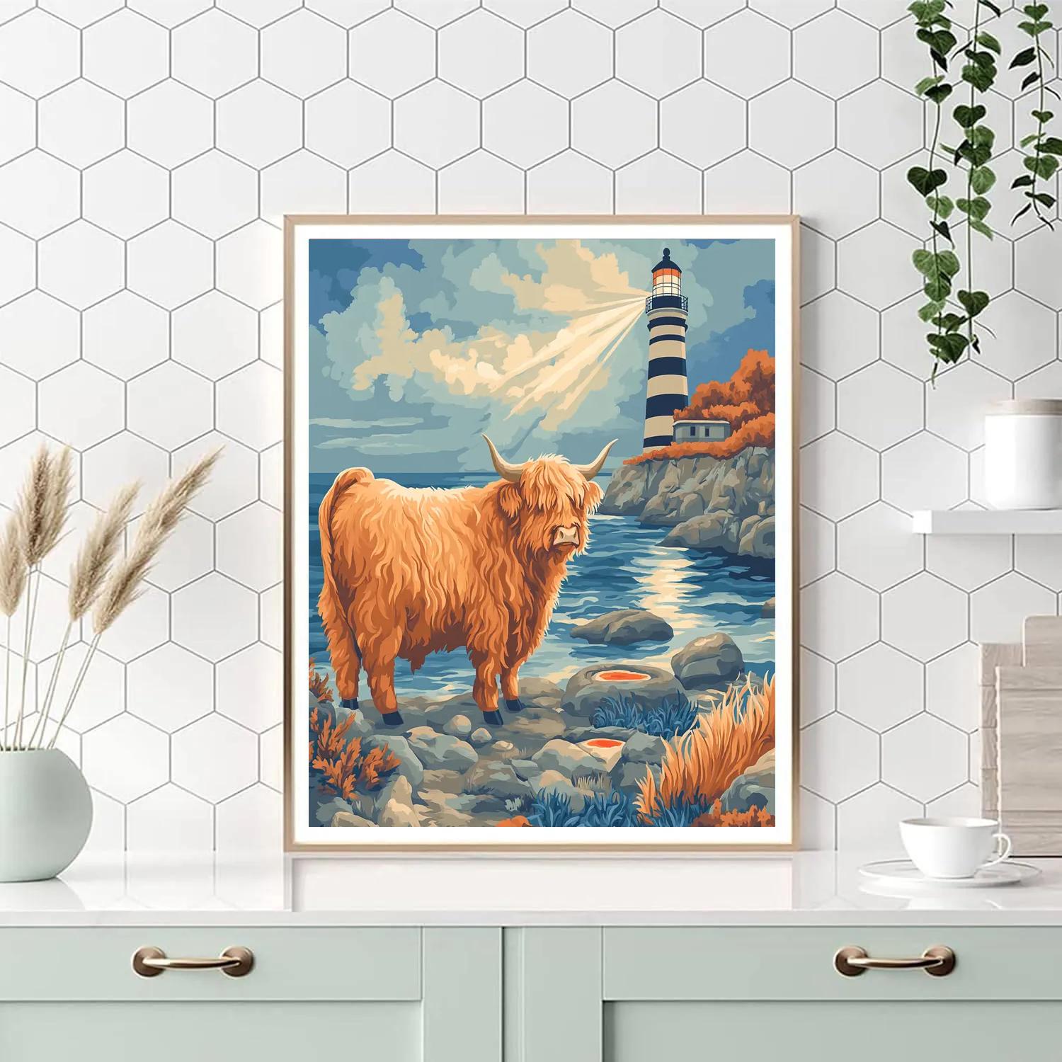 Highland Cow With Lighthouse Mist paint by number