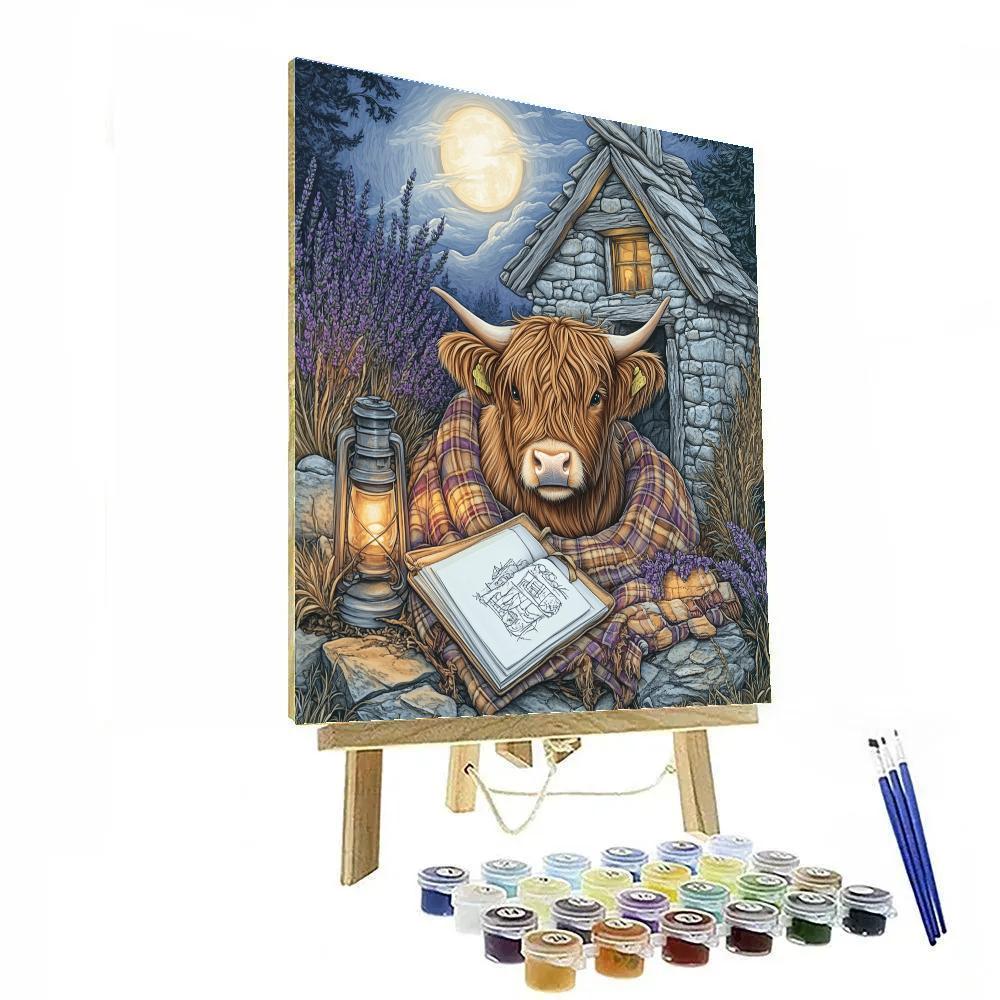 Moonlit Bothy Highland Cow Sketchbook paint by numbers