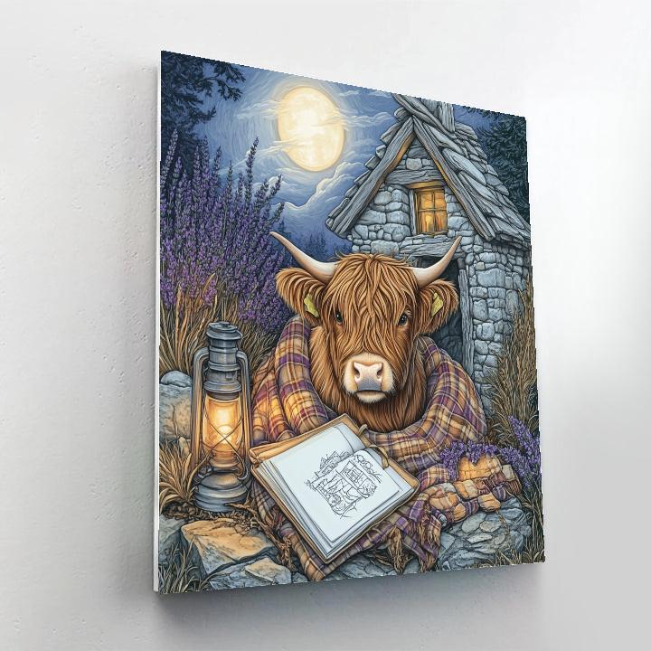 Moonlit Bothy Highland Cow Sketchbook paint by numbers