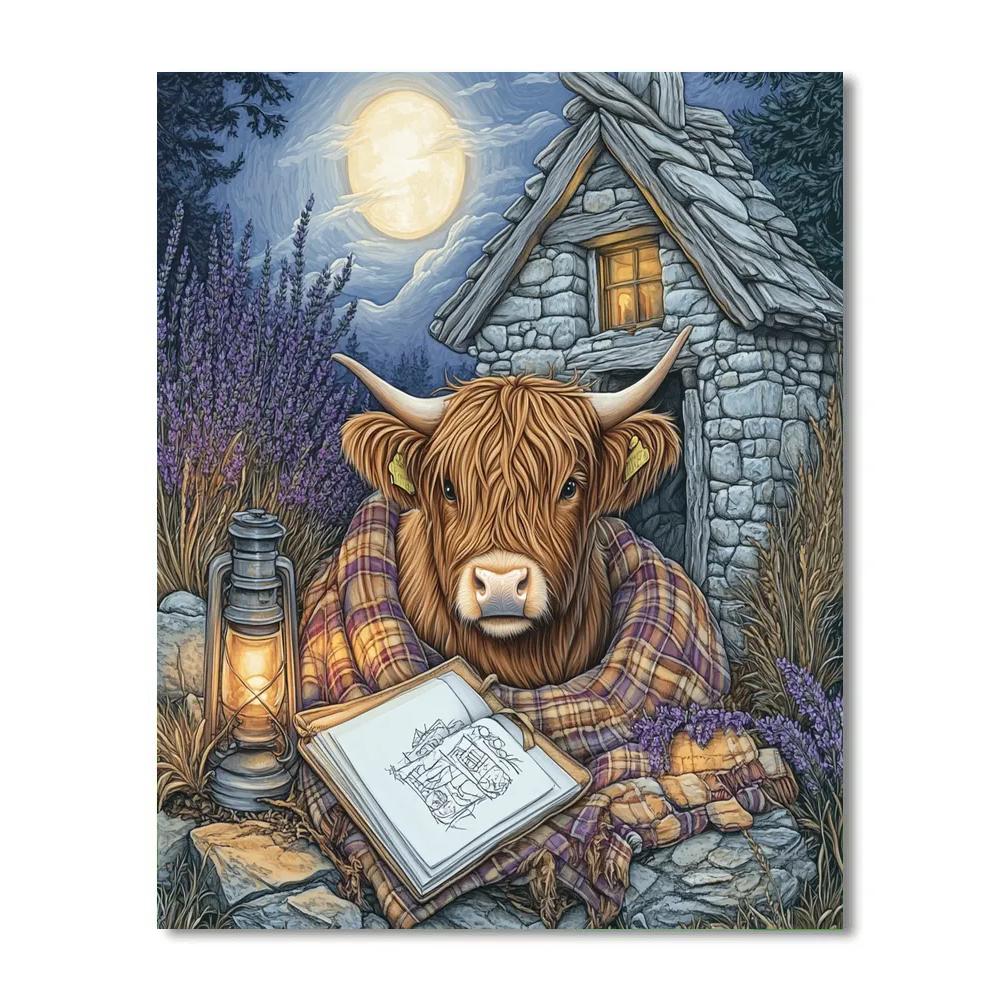 Moonlit Bothy Highland Cow Sketchbook paint by numbers