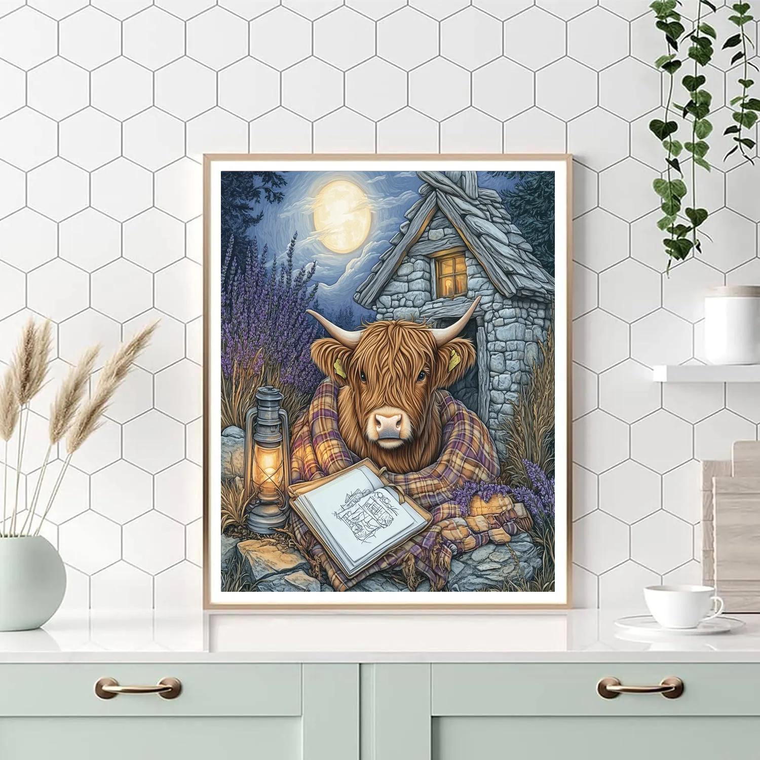 Moonlit Bothy Highland Cow Sketchbook paint by numbers