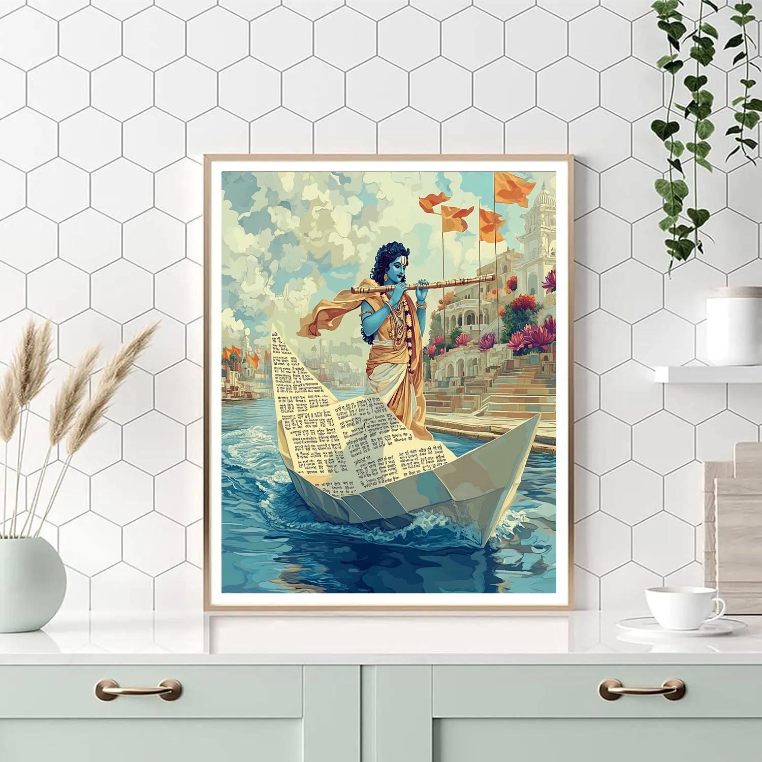 Krishna On The Paper Boat Of Sacred Verses painting number kit