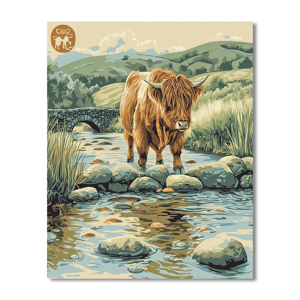 River Pebble Bridge Highland Cow Paint by numbers kits