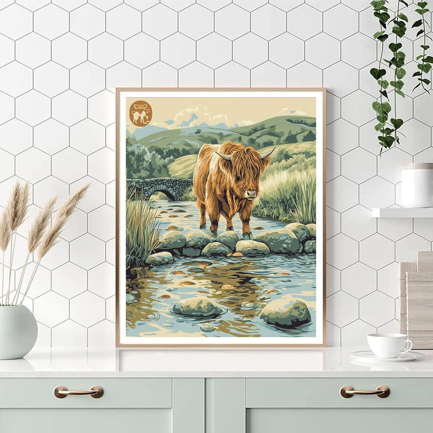 River Pebble Bridge Highland Cow Paint by numbers kits