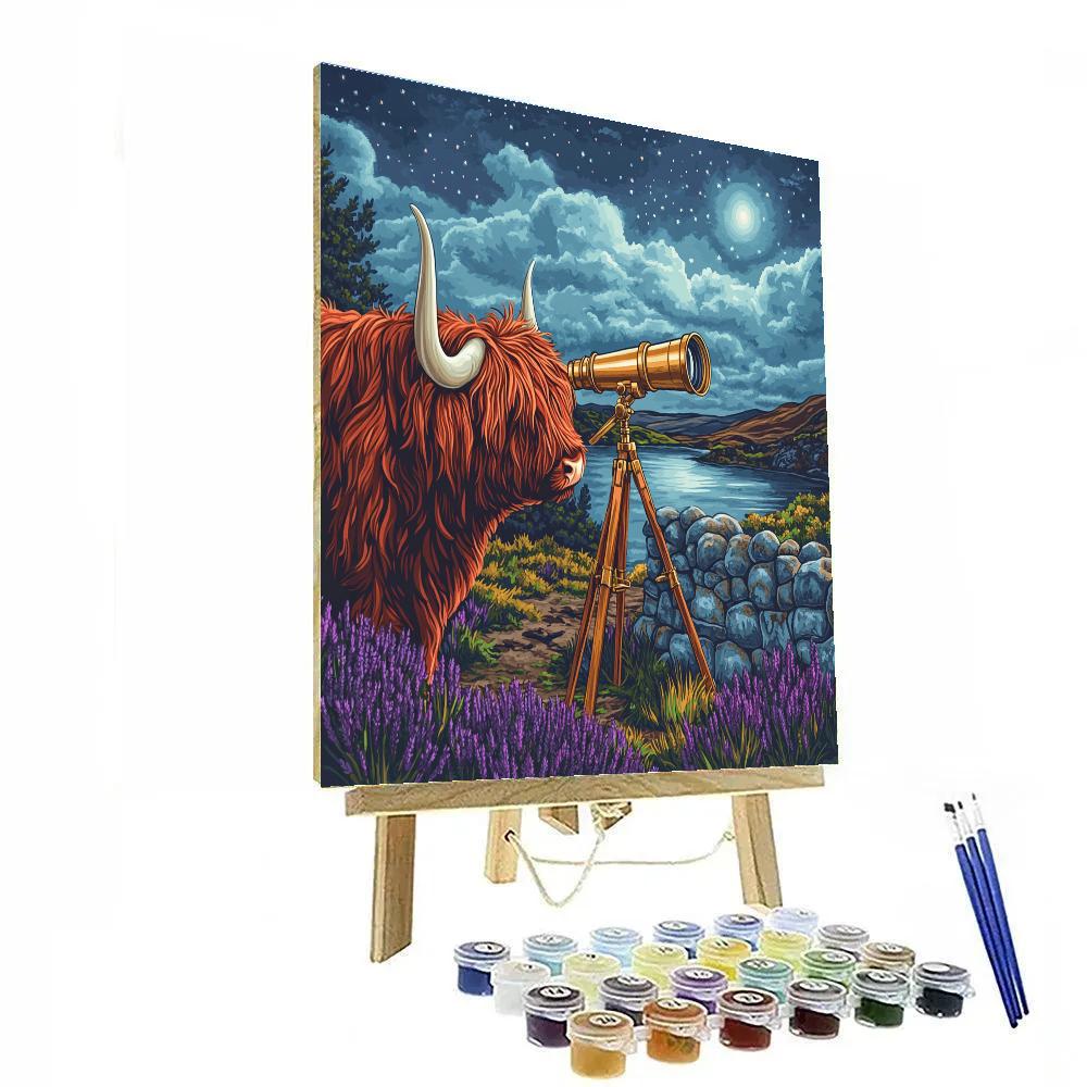Highland Cow And Brass Telescope paint by number