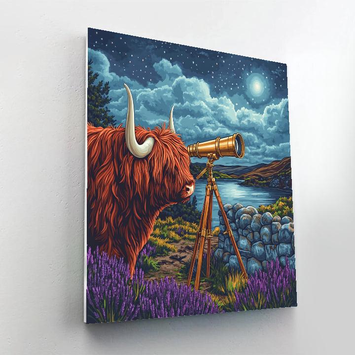 Highland Cow And Brass Telescope paint by number