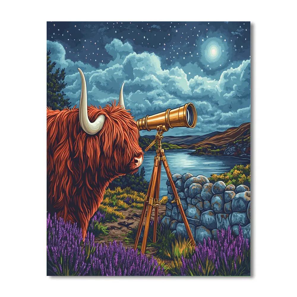 Highland Cow And Brass Telescope paint by number
