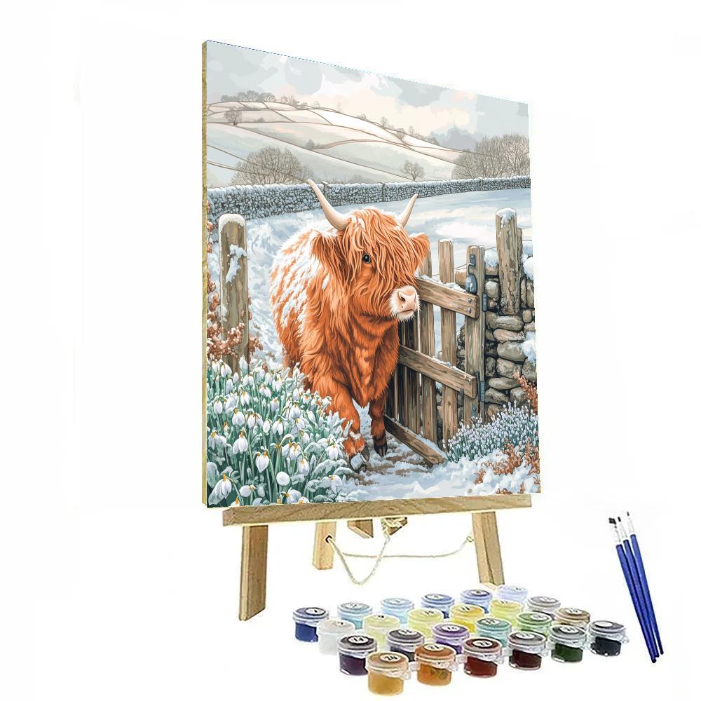 Highland Cow Snowdrop Gate DIY paint by numbers