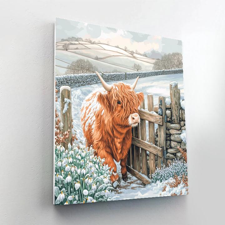 Highland Cow Snowdrop Gate DIY paint by numbers