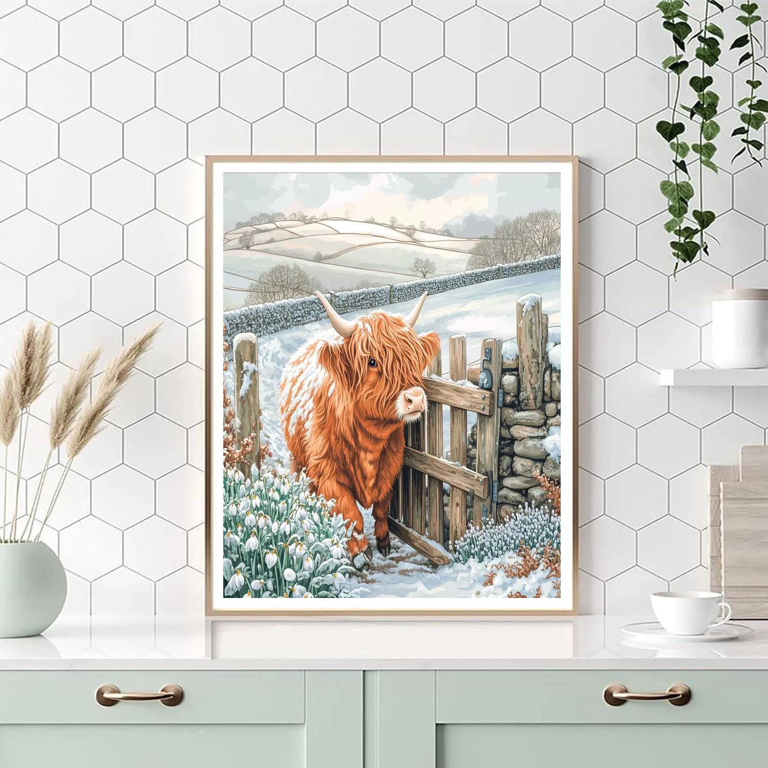 Highland Cow Snowdrop Gate DIY paint by numbers