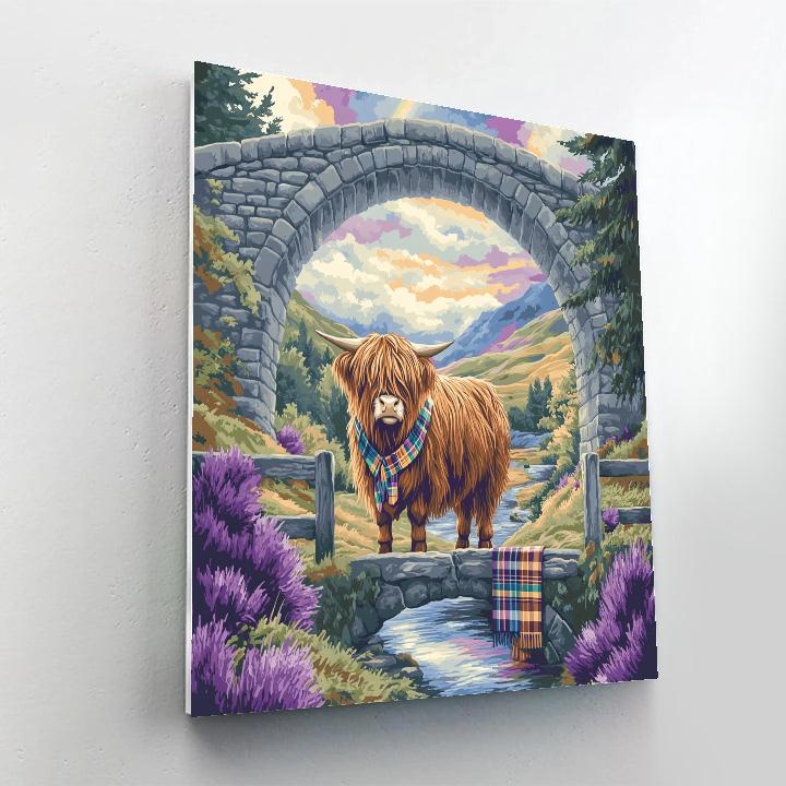 Highland Cow Under Stone Arch Rainbow paint by numbers