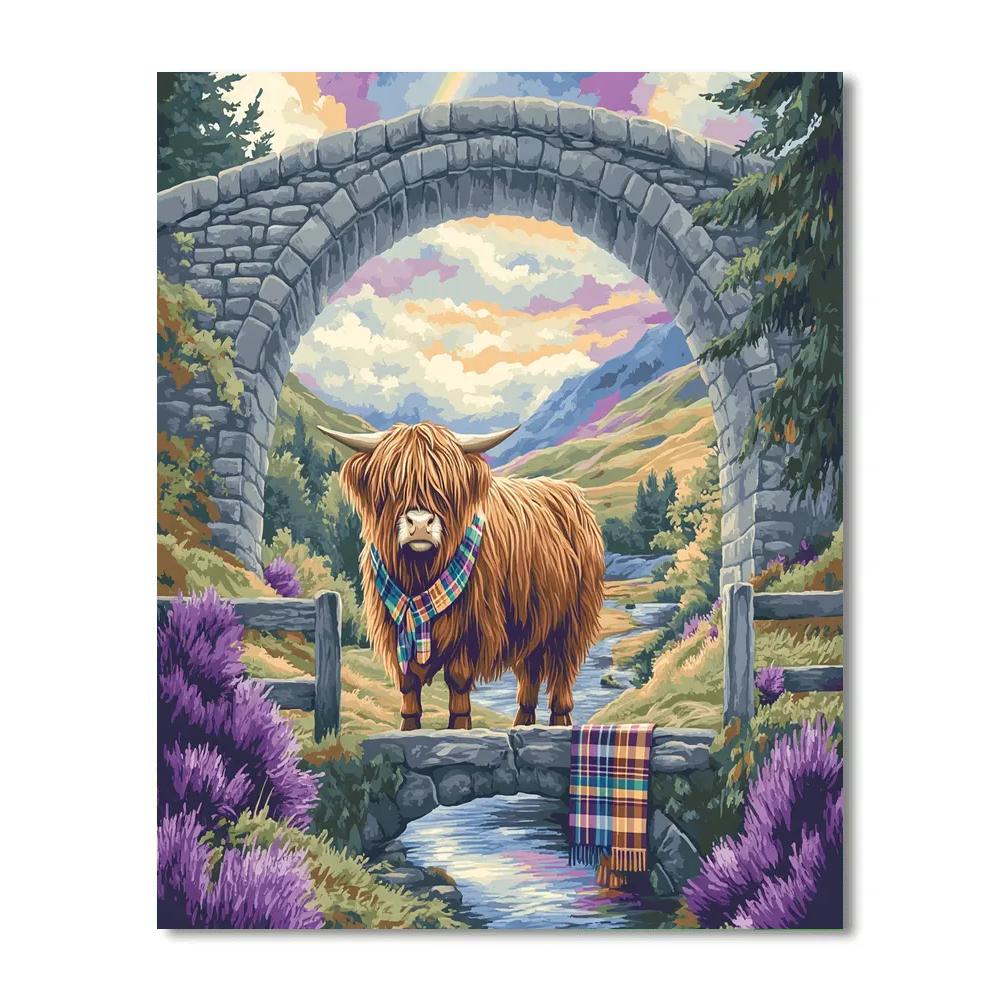 Highland Cow Under Stone Arch Rainbow paint by numbers